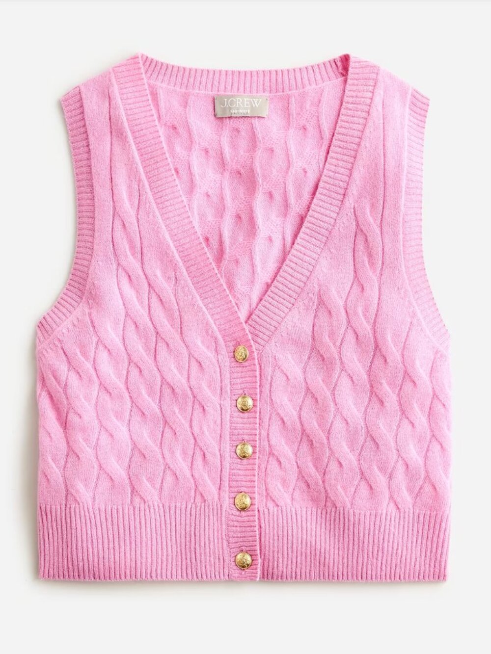 J.Crew 100% Cashmere Cable Knit Sweater Vest Pink Gold Crest Buttons Size M